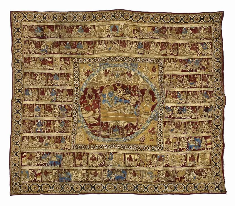 Kalamkari temple hanging depicting scenes from Hindu mythology